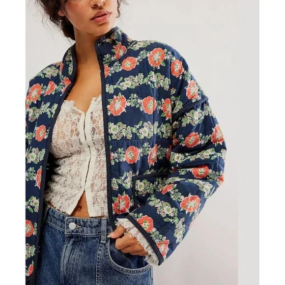 Women’s Navy Cropped Puffer Jacket Floral Printed Quilted Lightweight Coat - Picture 2 of 6